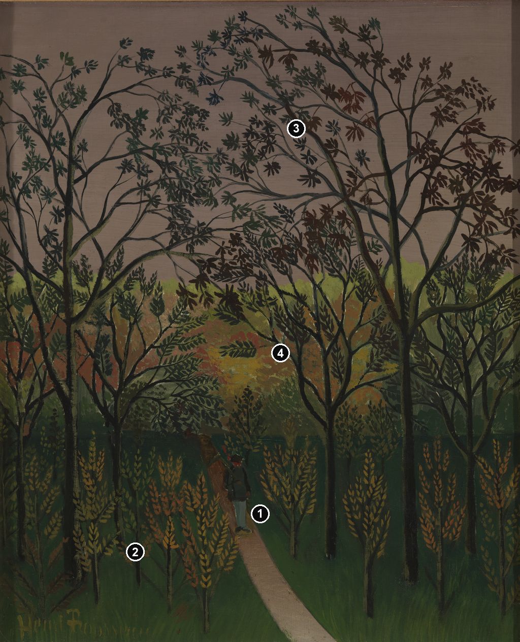 Annotated details from Bellevue, Autumn, Sunset by Henri Rousseau